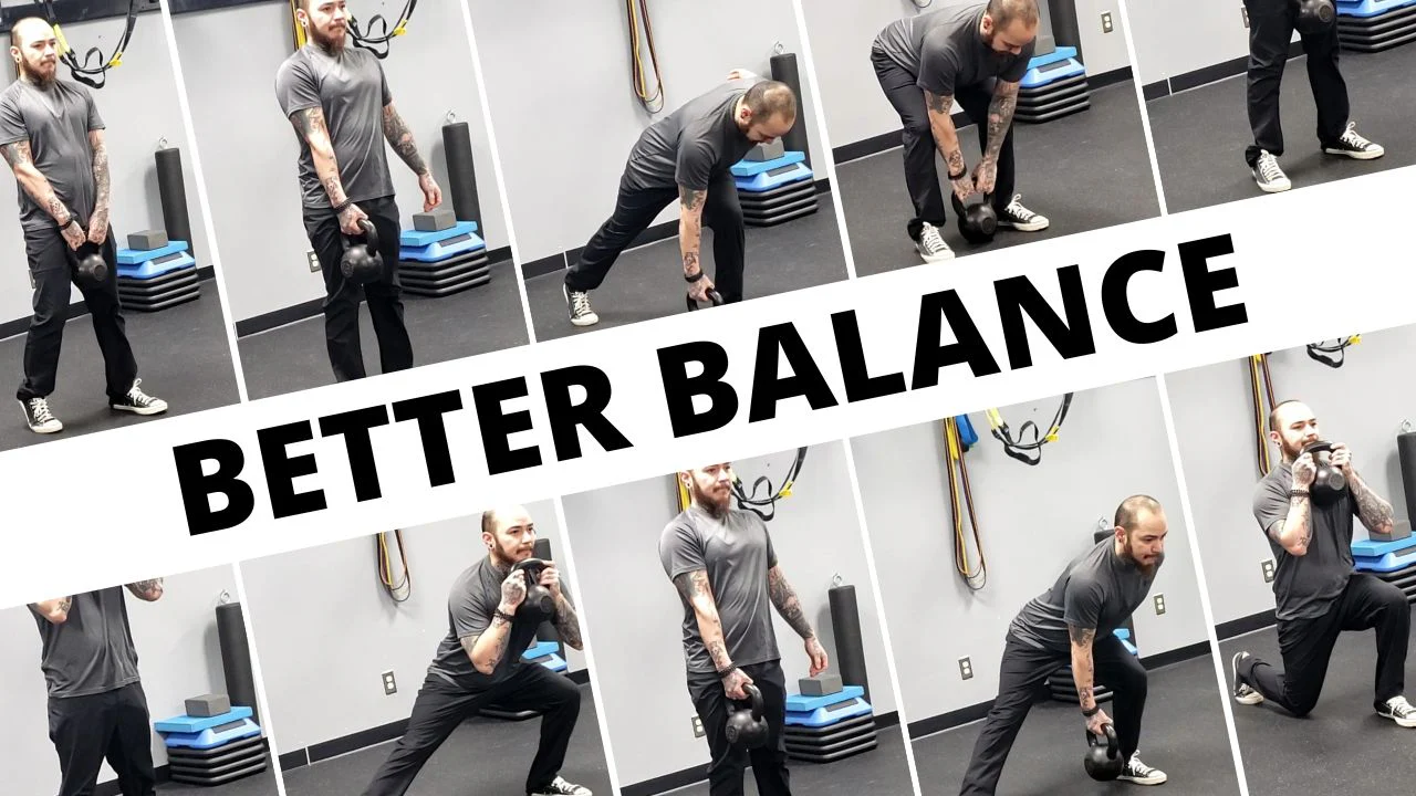 Besseres Gleichgewicht mit Kettlebell-Übungen - Artikelbild mit mehreren zugeschnittenen Beispielen der im Artikel beschriebenen Übungen.