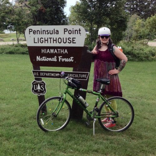 Karen at Peninsula Point Lighthouse: First 26 Mile Bike Ride – June 2013